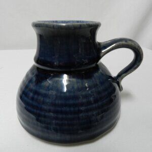 Vintage No Spill Pottery mug cup blue grey Striped Handmade glazed Non Slip